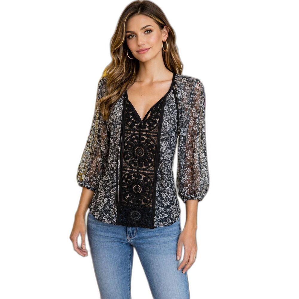 Daniel Rainn Gauzy Sheer Black Print Long Sleeve Blouse With Lace Size PS